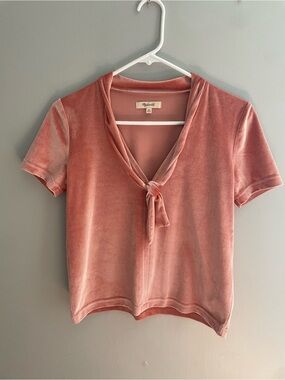 Madewell Coral Pink Velvet Tie-Neck‎ Short Sleeve Top